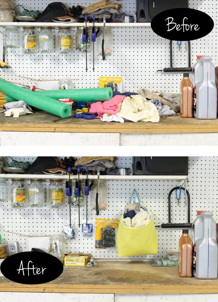 Before and after - Sew a bucket for pegboard - DIY peg board organization tutorial by Melly Sews