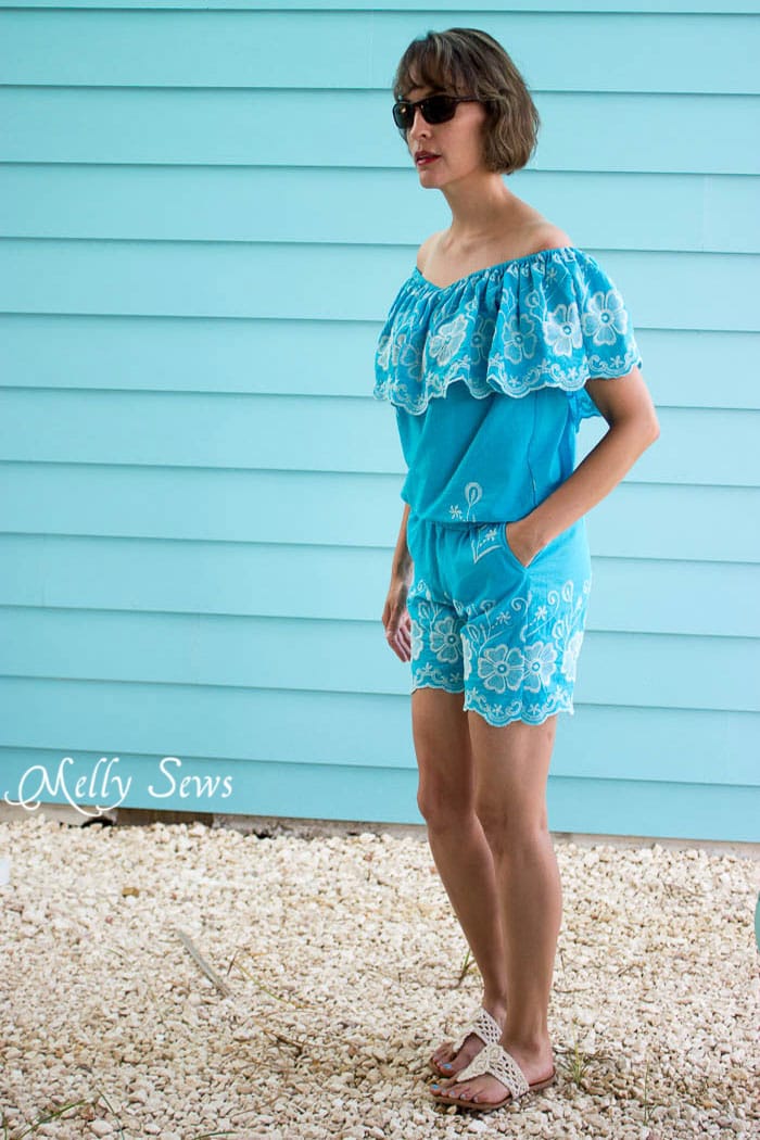 Embroidered fabric love - Make this Set - like a Romper, but better! Sew a DIY off the shoulder top and shorts - Melly Sews