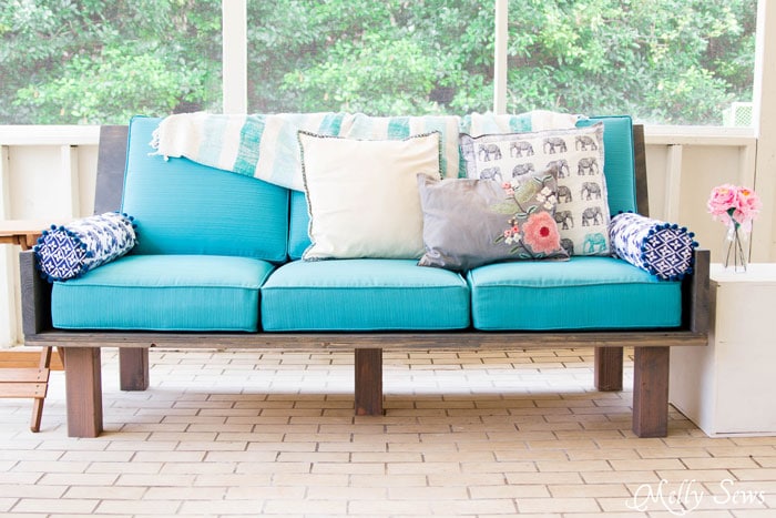 Colorful Outdoor Sofa - Make a DIY outdoor sofa from plywood - love the minimalist lines! - Melly Sews