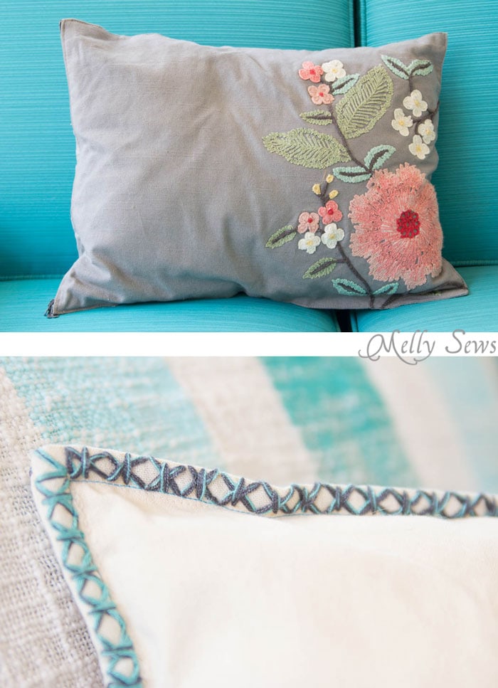 PIlow detail - So easy and so pretty! Sew decorative pillows from napkins and placemats - I would never have known that's what these are! DIY Tutorial by Melly Sews