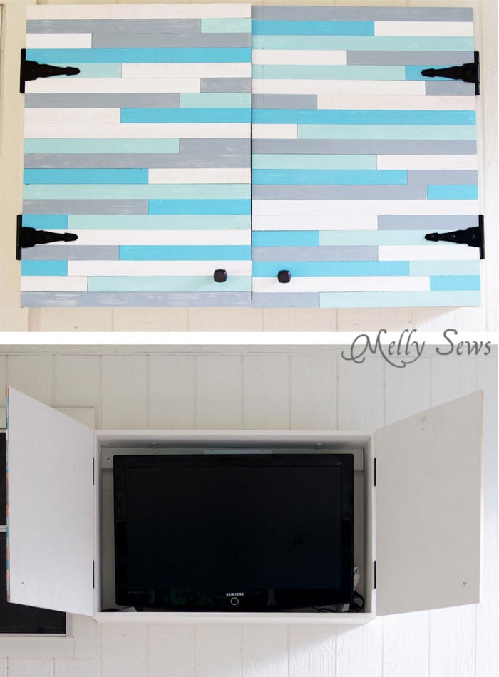 Closed and open - it's almost like hanging artwork - Build a DIY Outdoor TV Cabinet. This overview tutorial from Melly Sews shows how they did theirs and includes a supply list they used