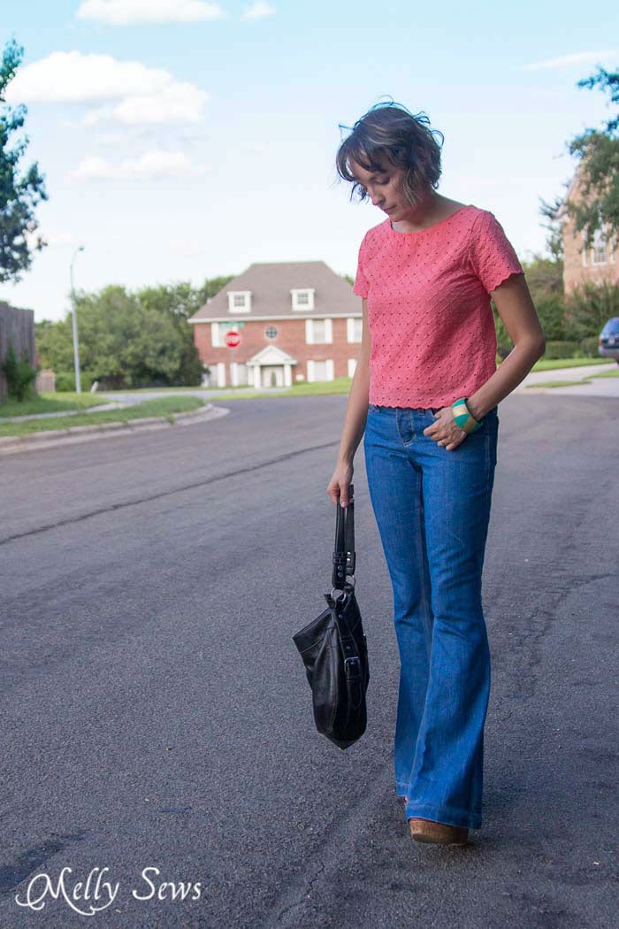 Outfit with a Vintage Vibe - Bell Bottom jeans and a cropped top - How to Fade Your Jeans - Tips and Techniques from Melly Sews