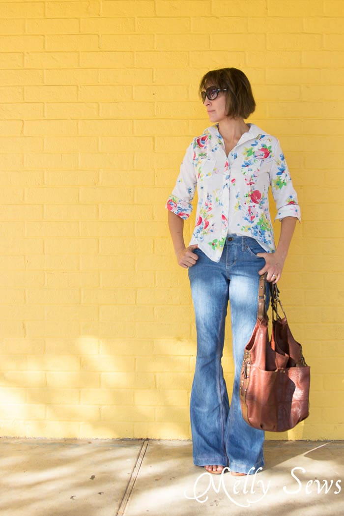 Vintage FAbric Shirt and Flared Jeans - Novelista Button Up Shirt sewn from a Vintage Sheet by Melly Sews 
