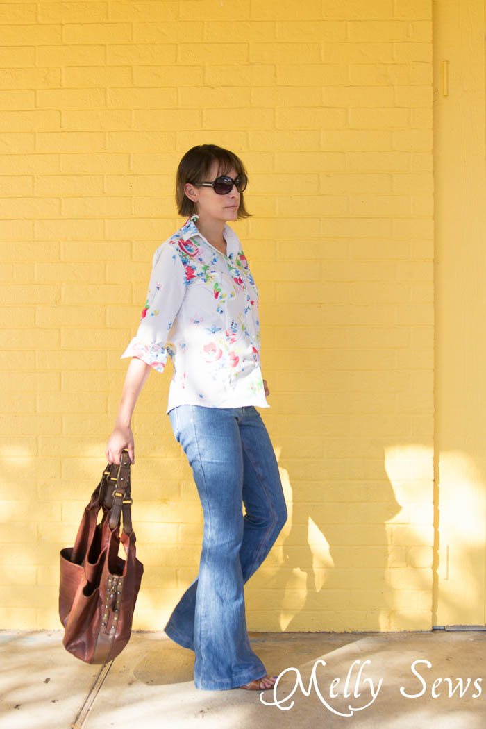 Ginger Flares jeans and Novelista Button Up Shirt sewn from a Vintage Sheet by Melly Sews 