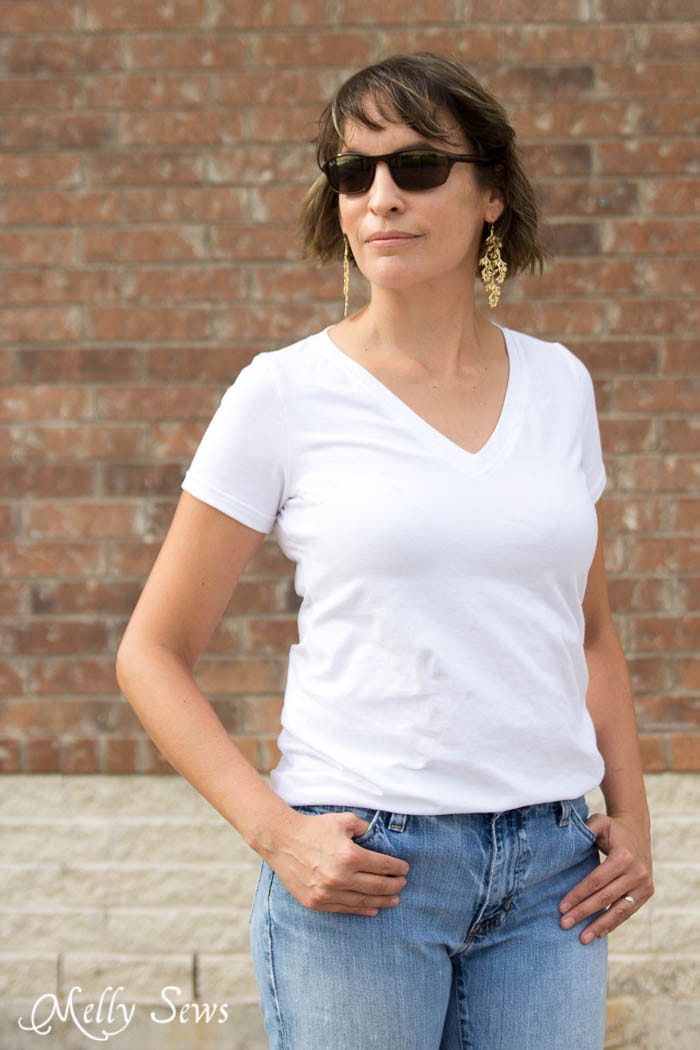 Every girl needs these in her closet - Sew a V-neck Women's T-shirt - Use this free pattern and tutorial from Melly Sews
