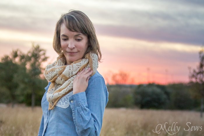 Worn as a scarf - Lorelai Shawl knitting pattern by Very Shannon knitted by Melly Sews