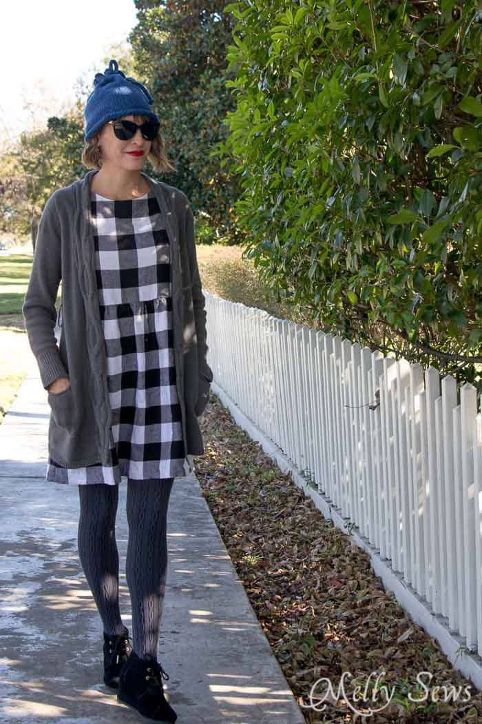 Buffalo plaid flannel dress, long cardigan and hat fall outfit - Convertible Knit Hat to Knit Cowl - Free Knitting Pattern for this versatile accessory - Melly Sews