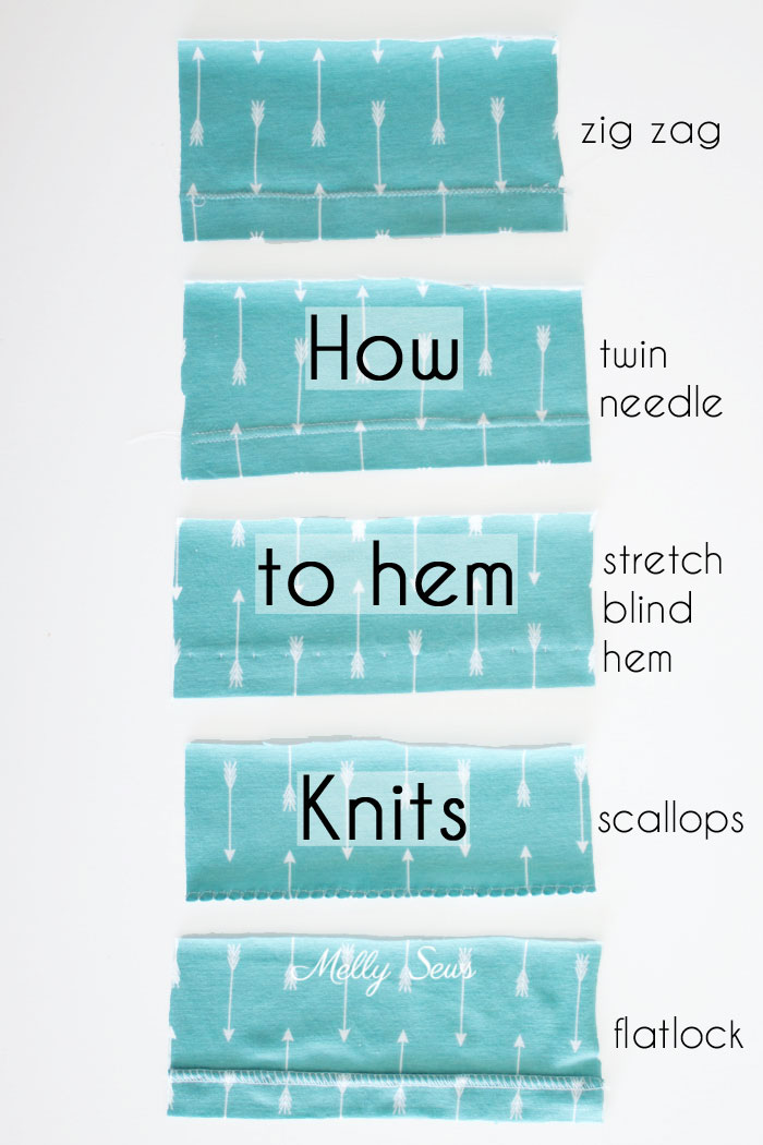 How to sew a knit hem - 5 different ways to sew a knit hem, 4 with a regular sewing machine - tutorial with video by Melly Sews 