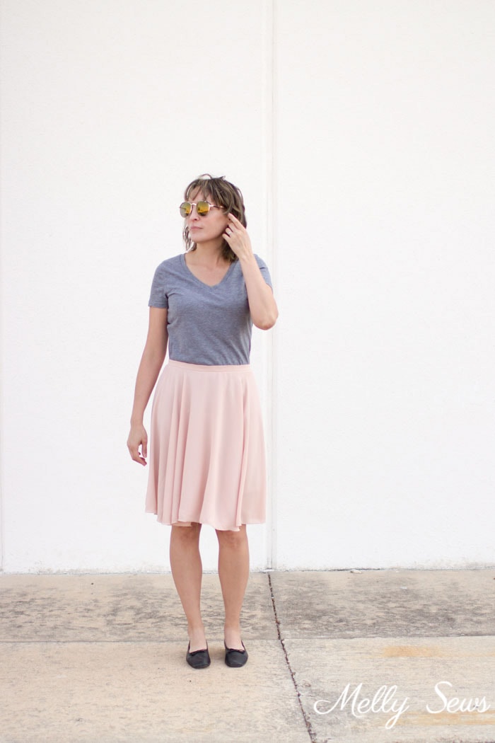 Pink skirt and gray t-shirt - How to Sew a Circle Skirt - DIY Circle Skirt with a Waistband - Melly Sews