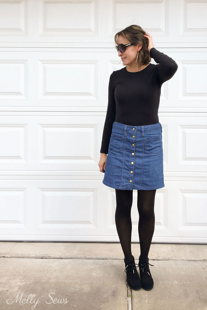 Fall Casual outfit - how to wear handmade - Sew a Button Up Denim Skirt - Full Tutorial for this skirt in any size by Melly Sews