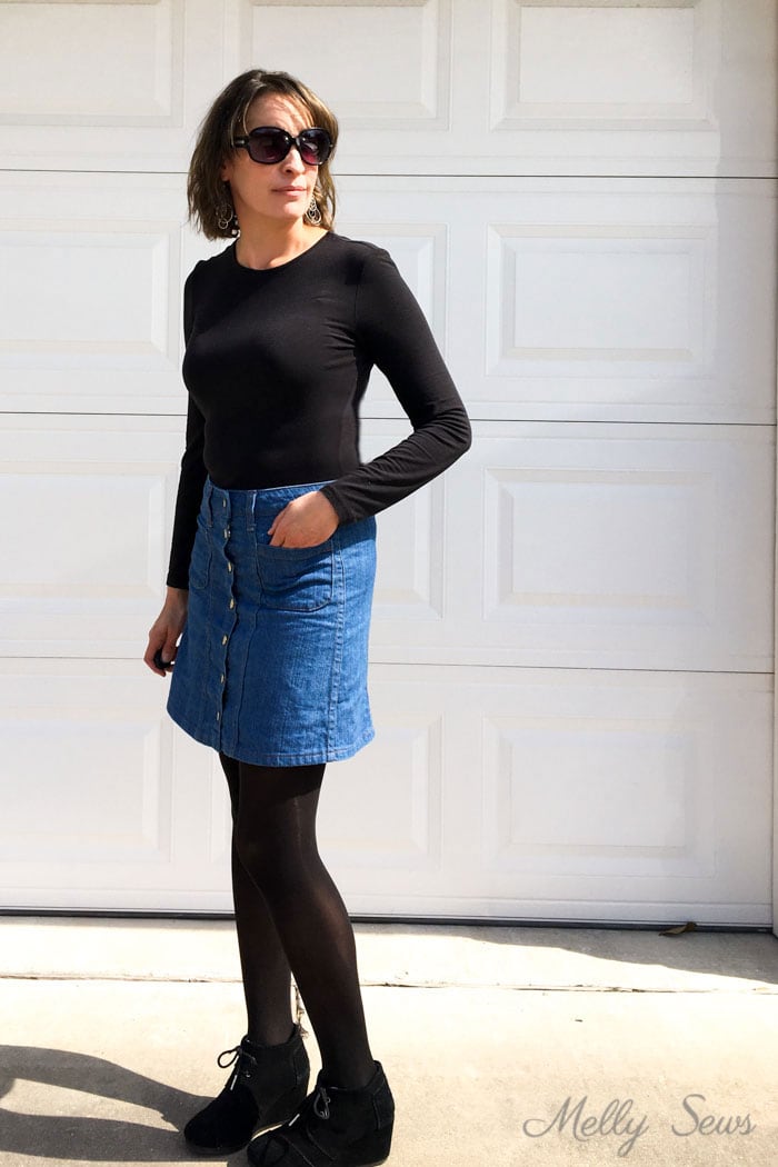 Denim skirt outfit - black t-shirt and tights - Sew a Button Up Denim Skirt - Full Tutorial for this skirt in any size by Melly Sews