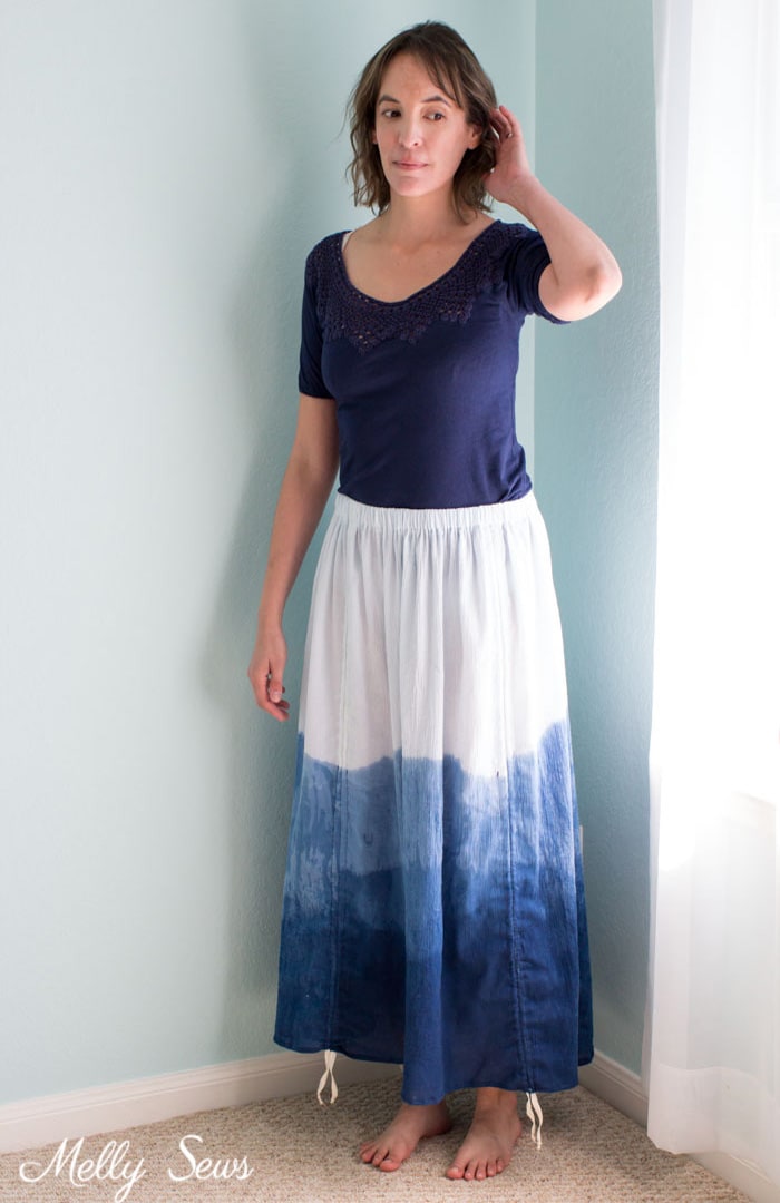 Long Shibori Dip Dyed Skirt - Sew an adjustable length skirt - make a skirt with ruching - a tutorial by Melly Sews