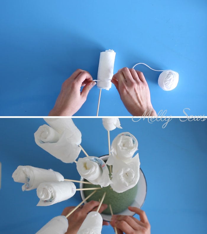 Step 2 - How to Make a Diaper Bouquet - What a Cute Alternative to a Diaper Cake - and it could be nursery decor while being used! Tutorial and video from Melly Sews 