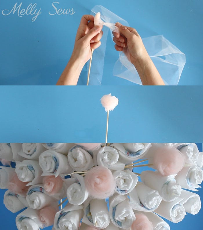 Step 3 - How to Make a Diaper Bouquet - What a Cute Alternative to a Diaper Cake - and it could be nursery decor while being used! Tutorial and video from Melly Sews 