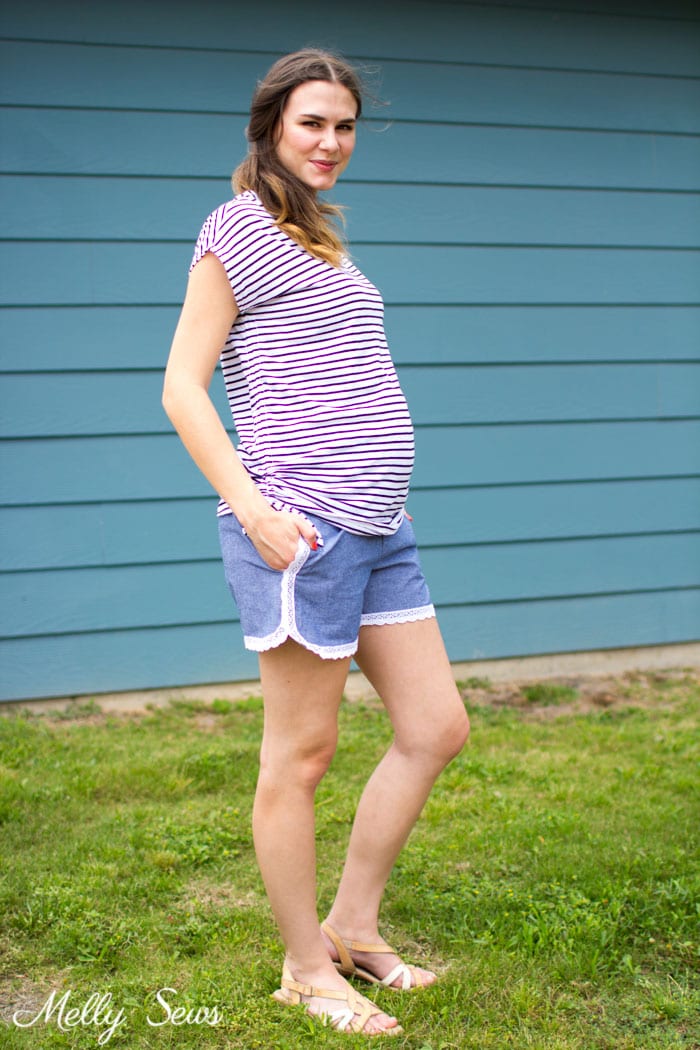 Cute casual maternity look - striped tshirt and chambray shorts - Lace trimmed chambray maternity shorts - free pattern and tutorial from Melly Sews 