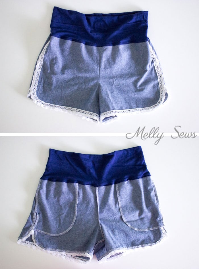 Yoga waistband on maternity shorts - Lace trimmed chambray maternity shorts - free pattern and tutorial from Melly Sews 