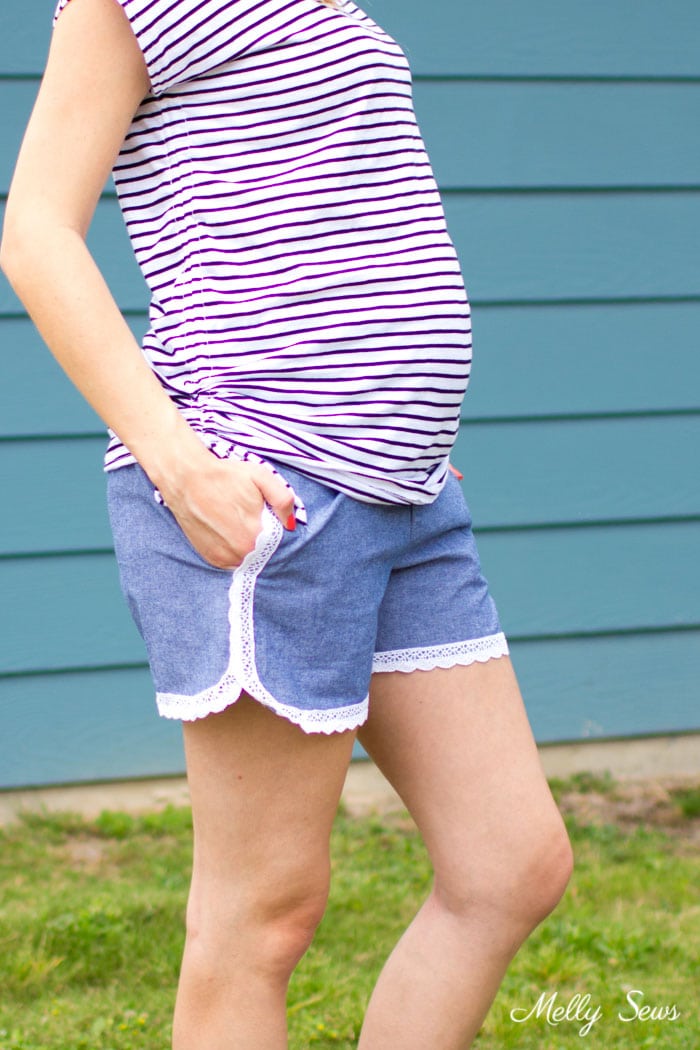 And they have pockets! Lace trimmed chambray maternity shorts - free pattern and tutorial from Melly Sews 