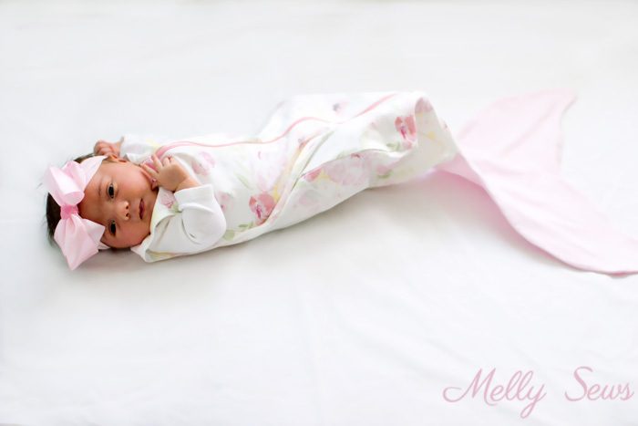 Sweet baby mermaid! Sew a Mermaid Sleep Sack - a Mermaid blanket for babies! Get the sewing pattern and tutorial including video on Melly Sews
