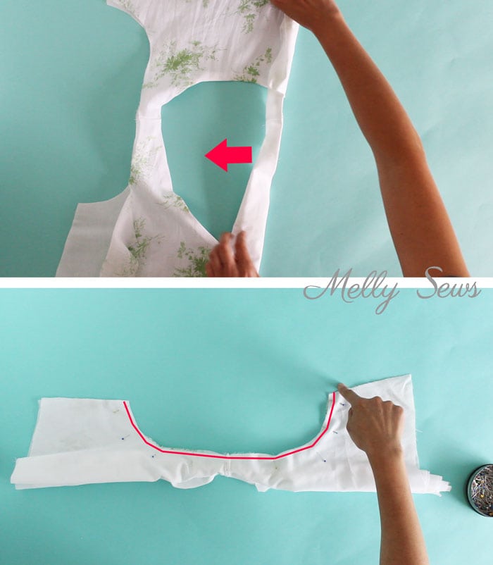 Step 2 - How to sew a lined bodice using the burrito method (also known as the hotdog method to sew a bodice) - tutorial by Melly Sews