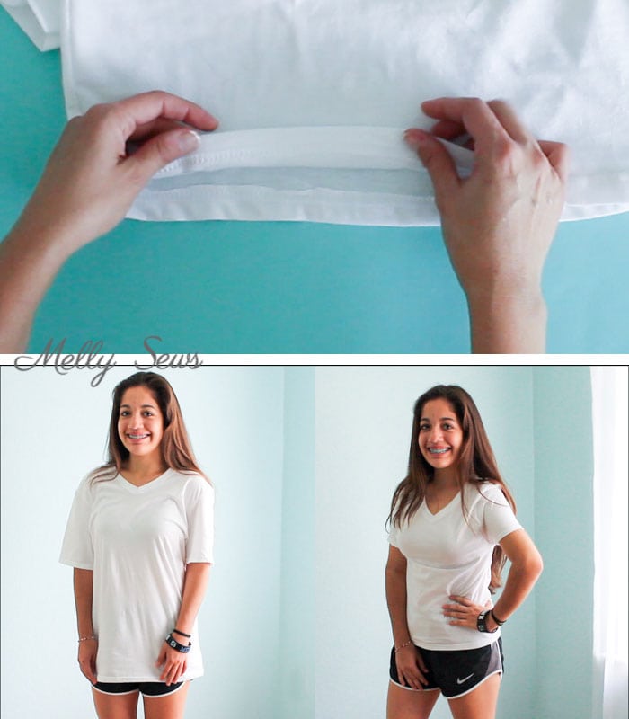 Before and After - How to make a big shirt smaller - take a too large t-shirt and cut it down to size - Photo and video tutorial by Melly Sews