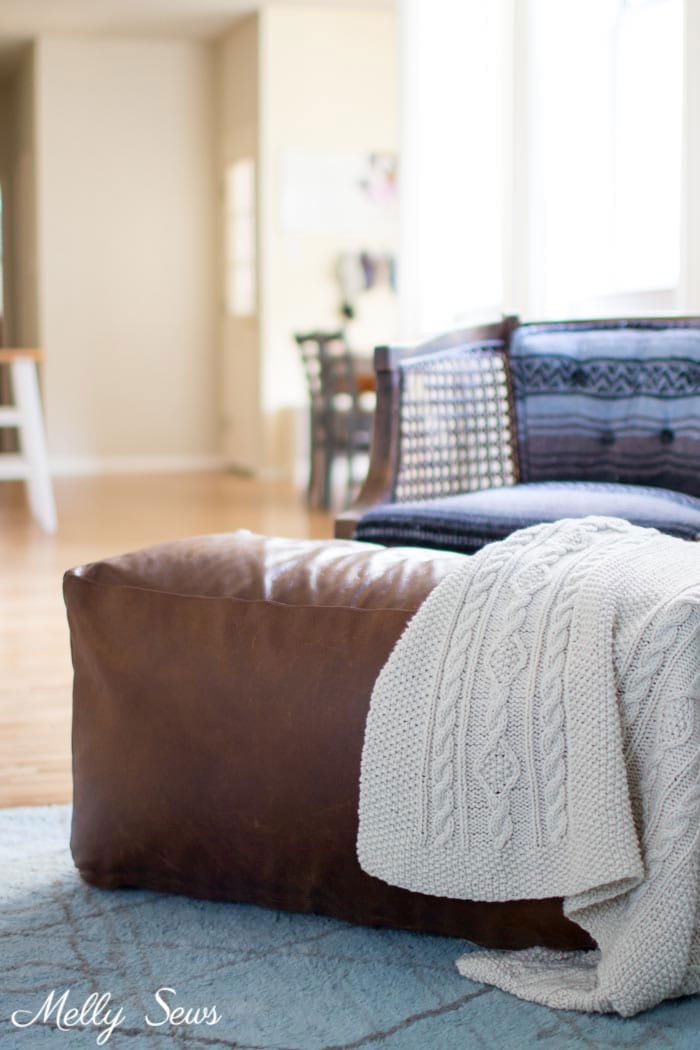 DIY Leather Pouf Tutorial - make a leather ottoman with this sewing tutorial from Melly Sews
