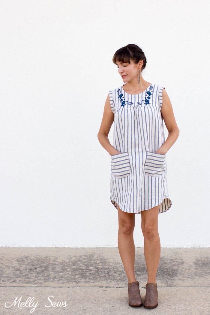 Linen dress from the Valetta pattern by Blank Slate Patterns sewn by Melly Sews - striped dress with boho embroidery - bohemian shabby style inspired