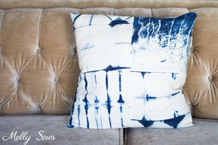 Shibori Pillow on Velvet Couch - How to Sew a Pillow with an Invisible Zipper - Pillow Cover with Zipper - Video tutorial by Melly Sews