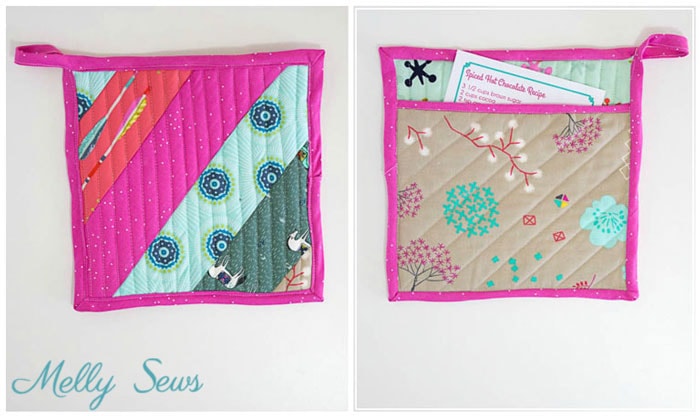Front and back view - Sew a pot holder - quilt as you go - great scrapbuster - easy to make gift - DIY tutorial by Melly Sews