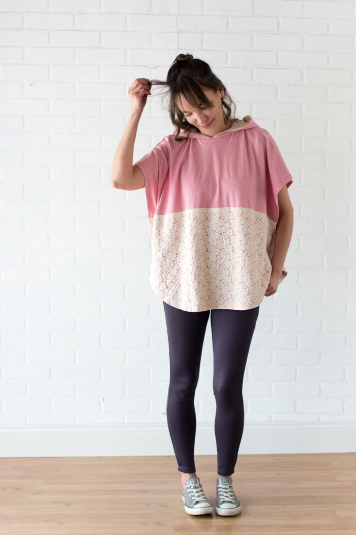 Gym to brunch outfit - Lace and knit hooded circle top - so cute and easy to sew with a free hood pattern from Melly Sews