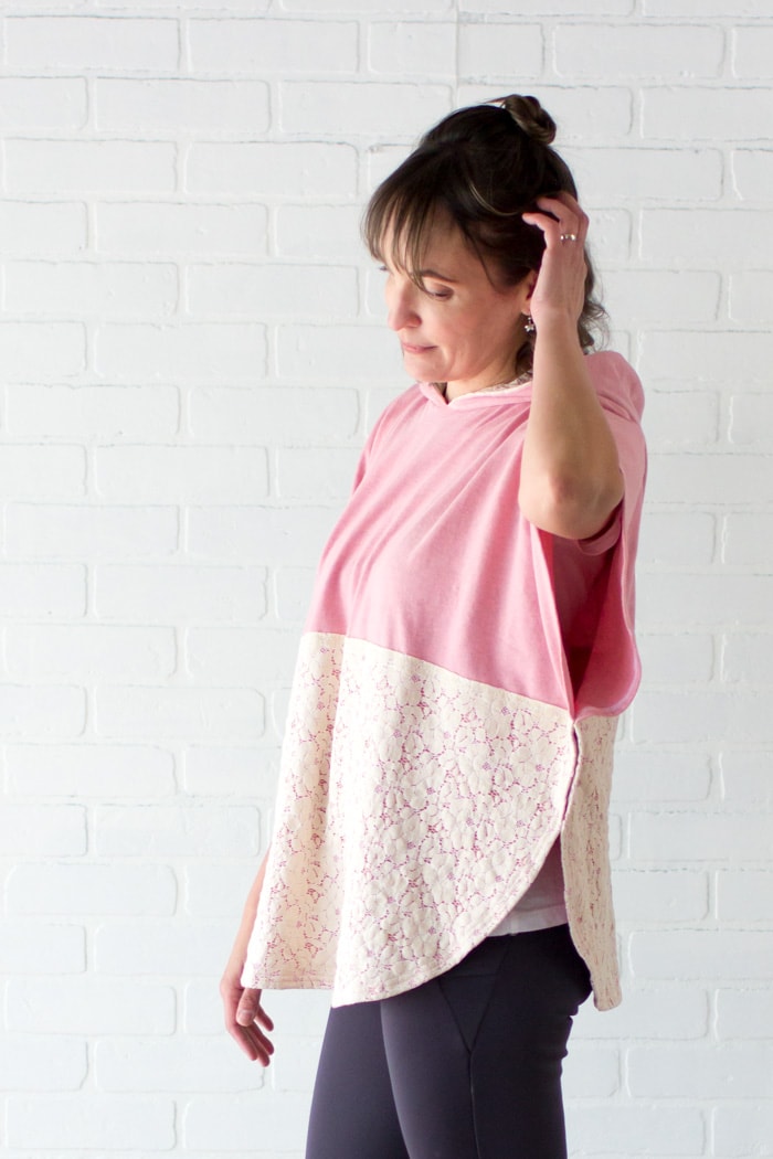 Cute hooded poncho -Lace and knit hooded circle top - so cute and easy to sew with a free hood pattern from Melly Sews