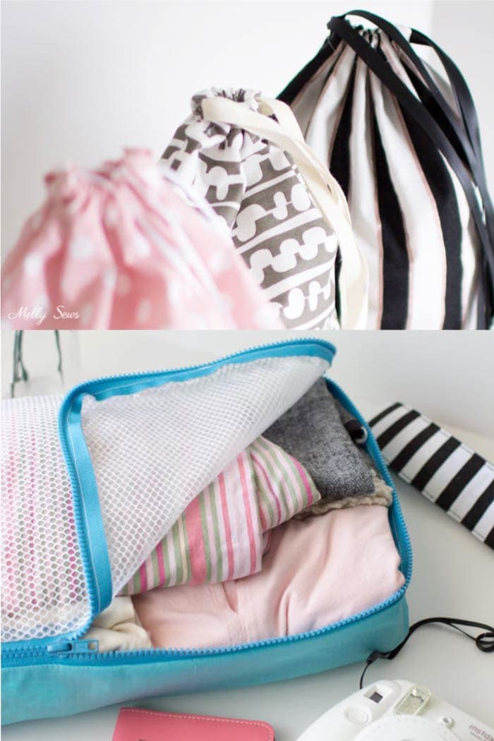 Sew packing cubes and drawstring bags for travel - free tutorials from Melly Sews
