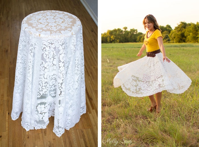 Lace tablecloth to skirt - Turn a vintage table cloth into a skirt - sustainable sewing tutorial by Melly Sews