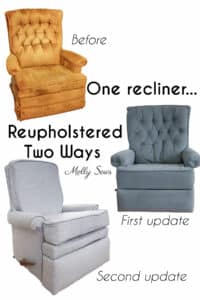 Three images of the same recliner chair first gold, then dark gray, then light gray fabric with text "One Recliner Reupholstered Two Ways"
