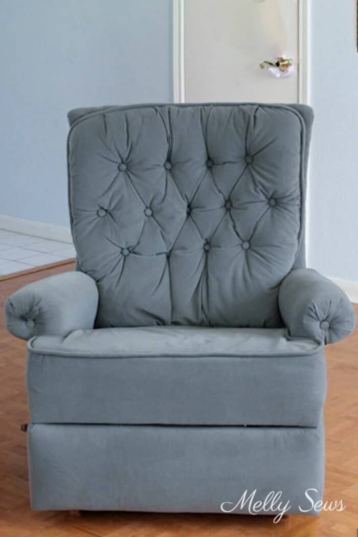 Vintage recliner reupholstered in dark gray fabric