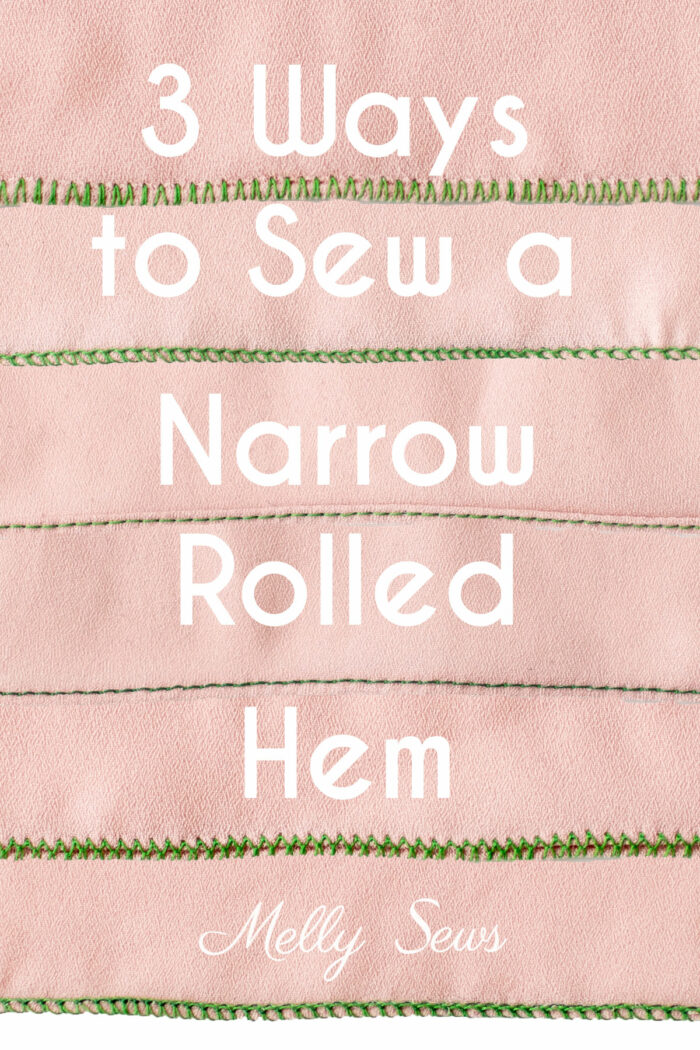 How to Sew a Narrow Rolled Hem text on examples of sewing rolled hems