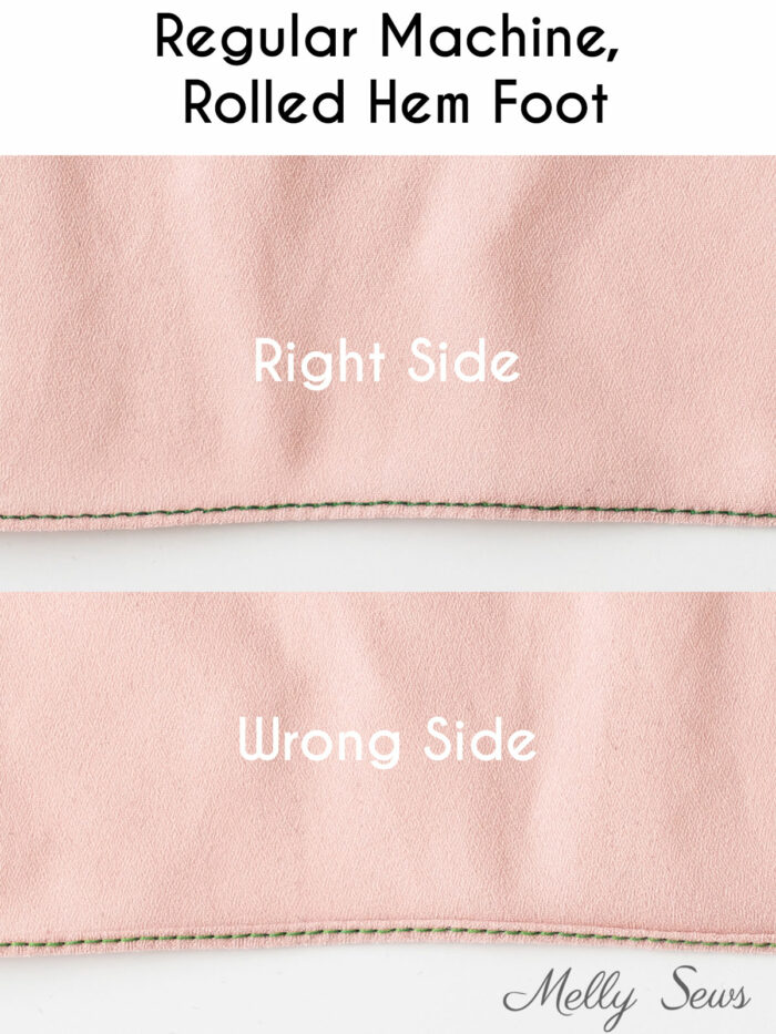 Right side and wrong side of a rolled hem sewn on a sewing machine with a rolled hem foot
