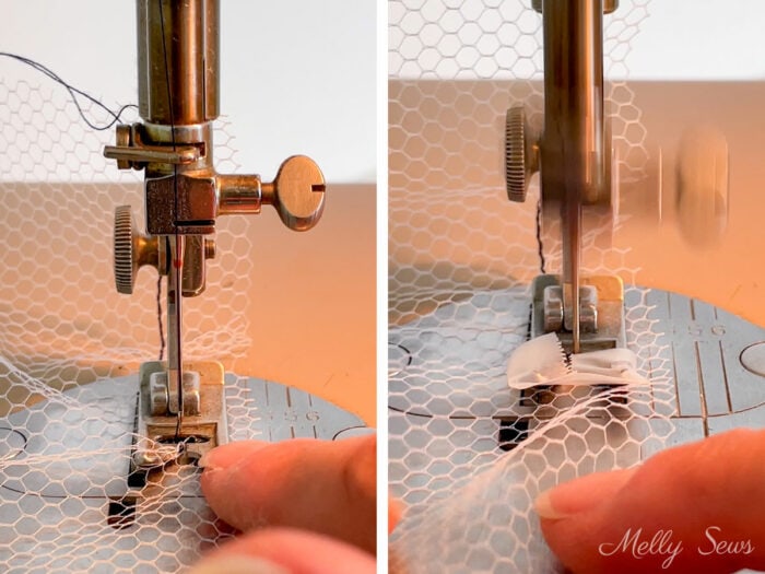 Transparent tape used on a presser foot to keep it from snagging on tulle fabric