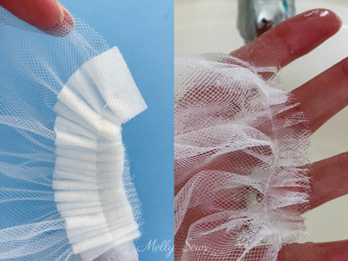 Tulle fabric gathered onto strips of water soluble stabilizer