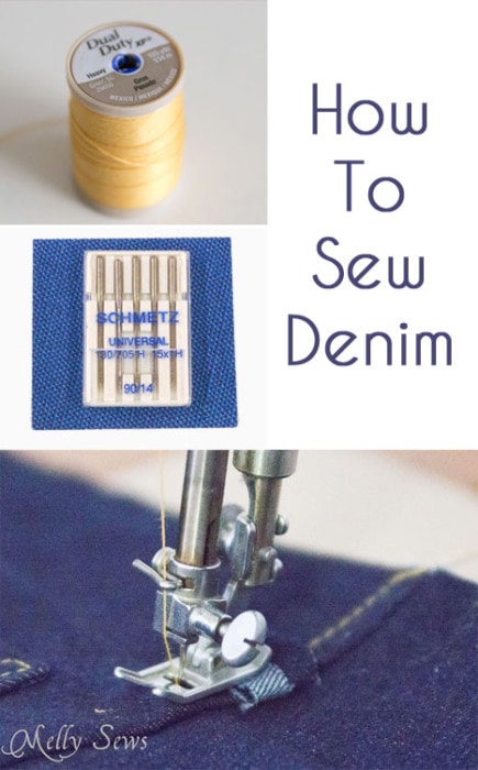 heavy weight thread and denim sewing needles over image of sewing machine shank sewing denim and text How to Sew Denim