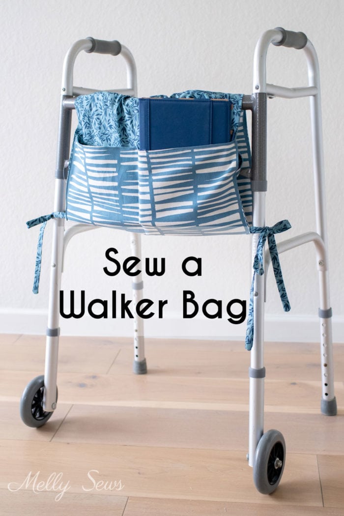 DIY Walker caddy - blue bag tied onto a walker to carry personal items
