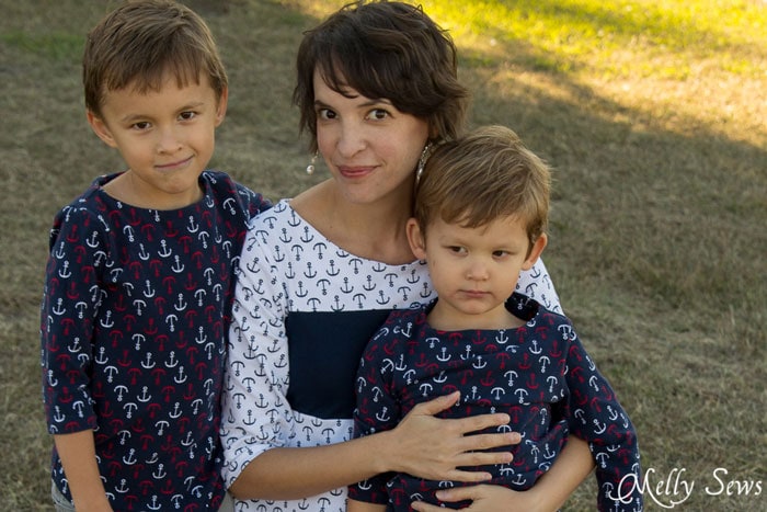 Boys want to have matching clothes sometimes too - Matching mother son tops - Shoreline Boatneck sewing pattern on her, Beachy Boatneck sewing pattern on them - Melly Sews