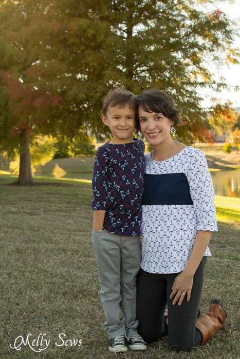 Mom and son photo - Matching mother son tops - Shoreline Boatneck sewing pattern on her, Beachy Boatneck sewing pattern on them - Melly Sews