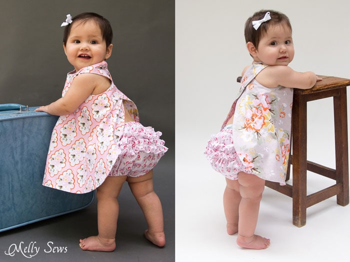 Reversible Baby Girls Dress - Criss Cross Pinafore Dress with Bloomers - FREE Sewing pattern sizes 0-3m - Melly Sews