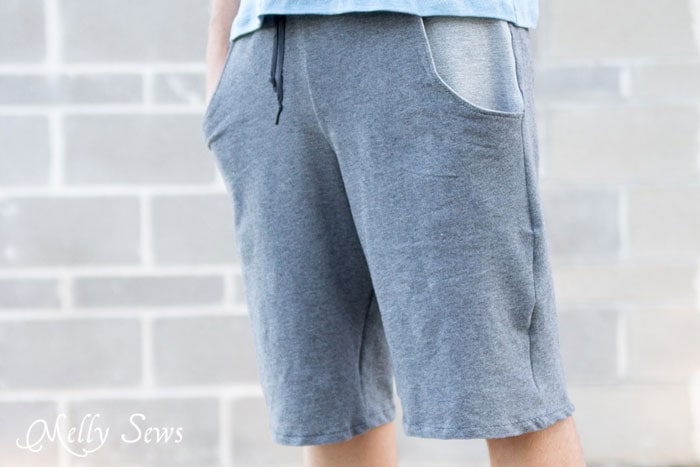 Close up - Sew Mens Shorts Tutorial - with drawstring and pockets - Melly Sews
