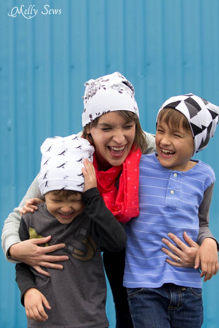 Mom and boys laughing - Sew a Beanie Hat - Make a slouchy hat in any size with this EASY tutorial - Melly Sews