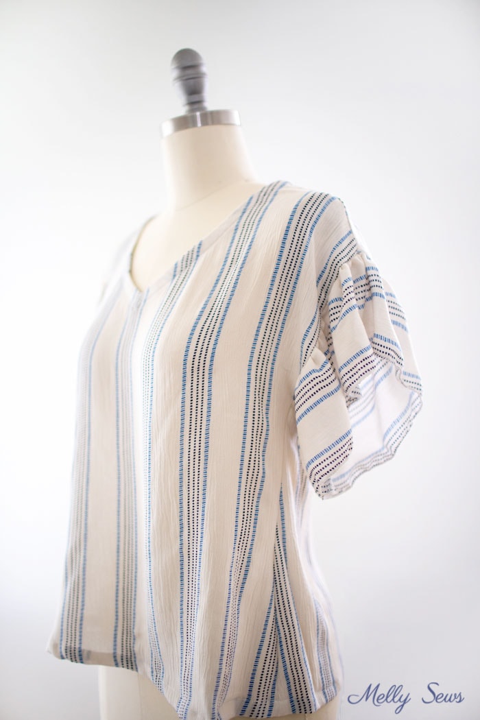Esma woven t-shirt pattern with ruffle sleeve hack - Melly Sews