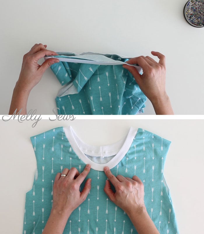 Rib Knit Tshirt Neckband - 3 ways to sew a knit neckband - finish a knit neckline with one of these methods - video included! Melly Sews