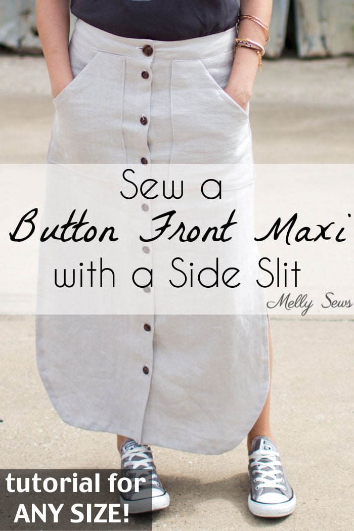 Button Front Maxi Skirt Tutorial - Make a maxi skirt with a side slit - Melly Sews