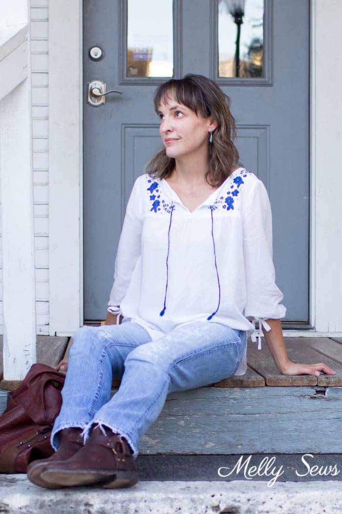 Blue and White Top - Embroidered Peasant Top - Valetta Pattern by Blank Slate Patterns sewn by Melly Sews - DIY Fashion
