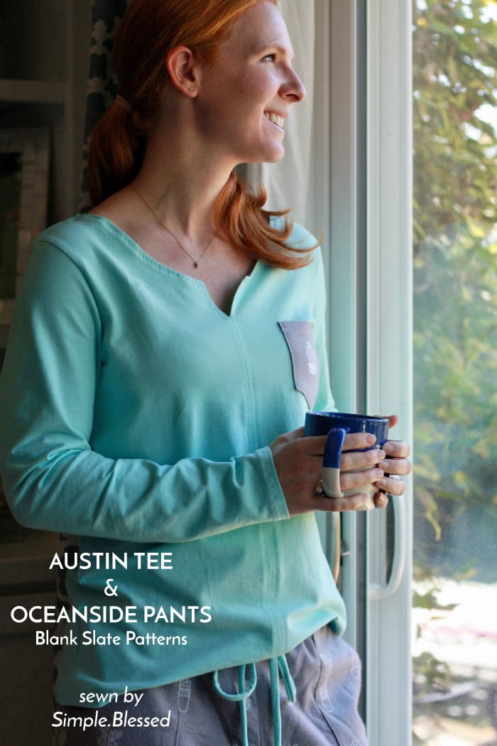 Austin Tee and Oceanside Pants sewing patterns by Blank Slate, sewn by Simple.Blessed